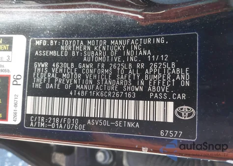 2012 Toyota Camry Le from USA, damaged, VIN 4T4BF1FK6CR267163